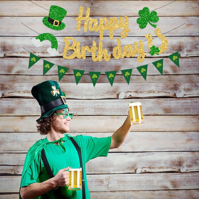 FHGG Gold Glitter St Happy Birthday Banner Decorations Shamrock for St. Patricks Day Home Party Lucky One 1st Birthday - Image 5